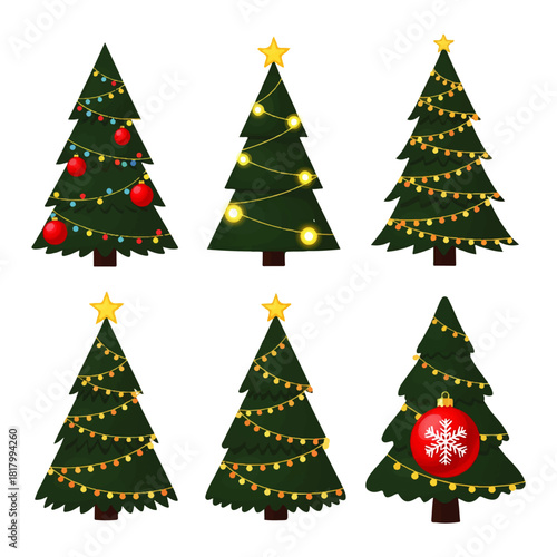 Festive Christmas Trees Decorated with Ornaments and Lights, Ready for Holiday Celebrations