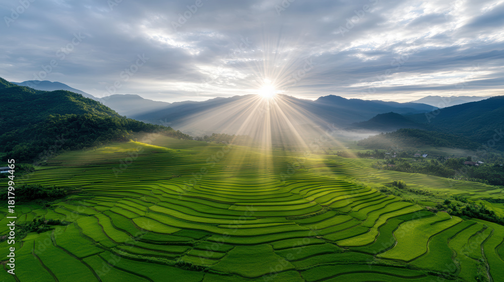 Fototapeta premium Lush green rice terrace at sunrise with sun rays over misty mountains