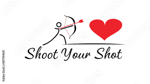 Cupid archer shooting arrow at red heart symbol with inspirational text shoot your shot