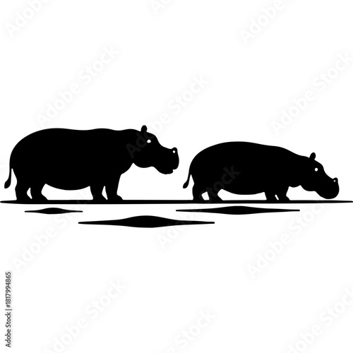 Female and male African hippopotamuses. Engraving minimalistic vector in black ink drawing on transparent background