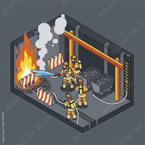 Firefighters battling a blaze in a dangerous underground mine environment.