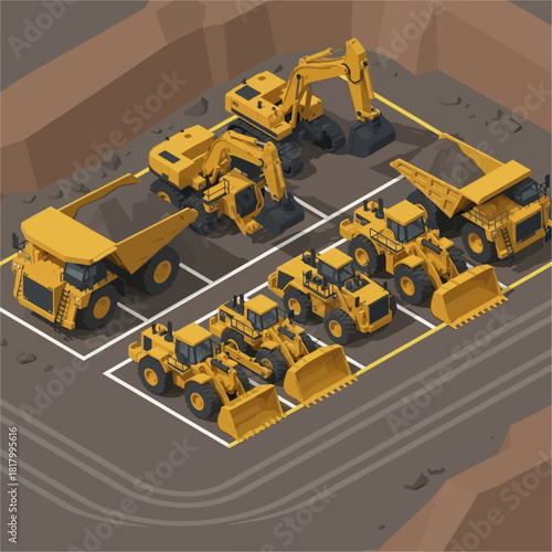 Heavy Construction Equipment Fleet Parked at a Mining Site.