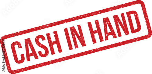 This striking red rectangular rubber stamp clearly displays the prominent phrase CASH IN HAND against a plain white surface