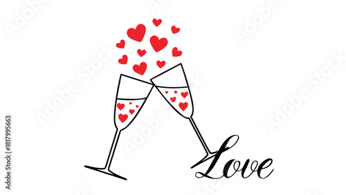 Two champagne glasses clinking with red hearts spilling out and the word love written in script