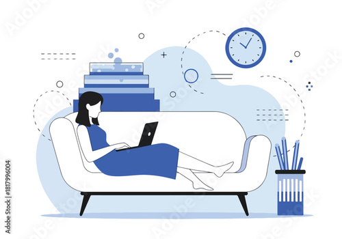 Woman working on laptop from home relaxing on couch - Flat Vector Illustration, icon. Editable stroke. Colored vector illustration