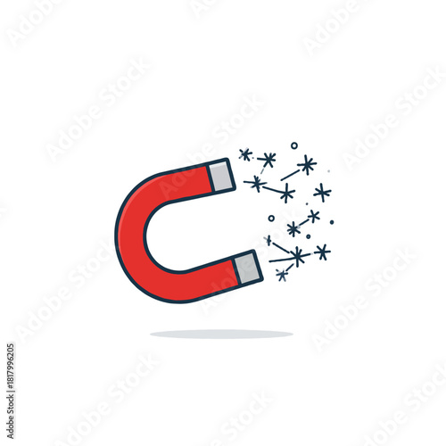 Minimalist vector graphic showcasing a horseshoe magnet attracting stylized particles on a clean