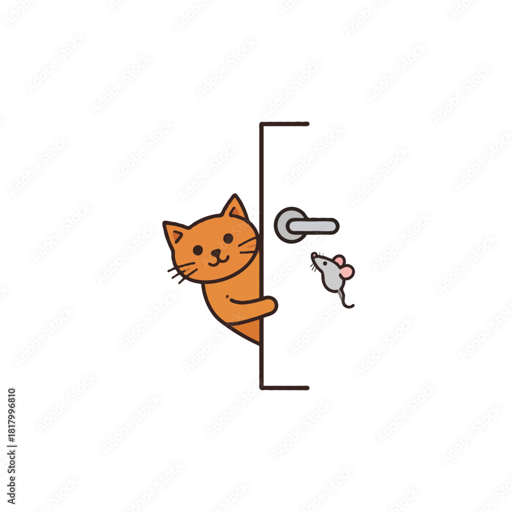 Obraz premium Playful feline antics cartoon illustration featuring a cute cat and small mouse peeking near