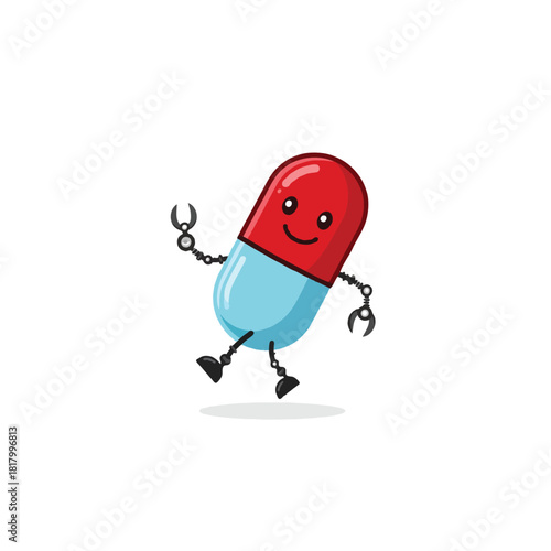 Playful medication mascot with robotic arms and legs, symbolizing technological advancement in