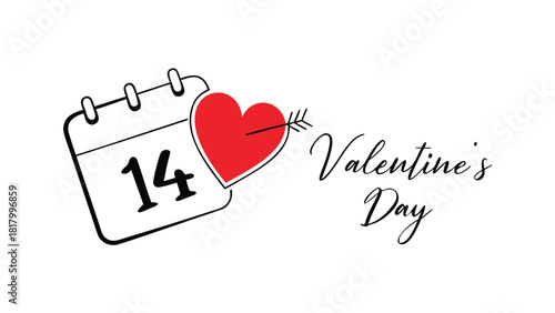 Calendar page showing the fourteenth day with a red heart pierced by an arrow and the words valentines day
