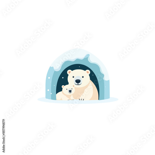 Polar bear mother and cub snug in igloo offering a tender moment of arctic tenderness in winter