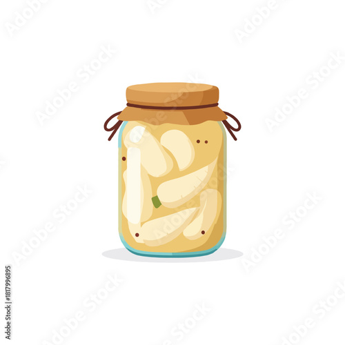 Preserved garlic cloves bathed in flavorful brine within a sealed glass jar illustration