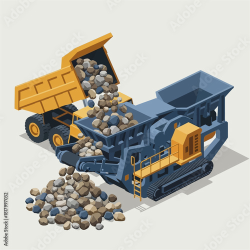 Heavy machinery crushing rocks with a dump truck.