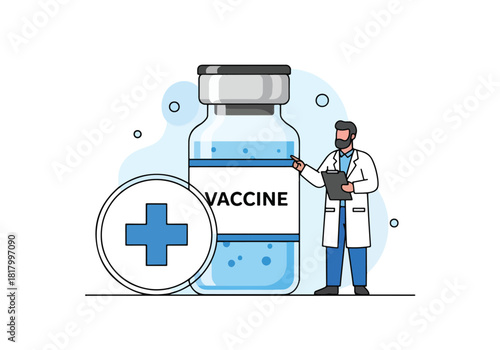 Doctor inspecting vaccine vial medical health care science advancement concept - Flat Vector Illustration, icon. Editable stroke. Colored vector illustration