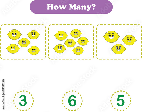 Counting game of fruits for preschool kids. Counting fruits. Printable. Vector Illustration