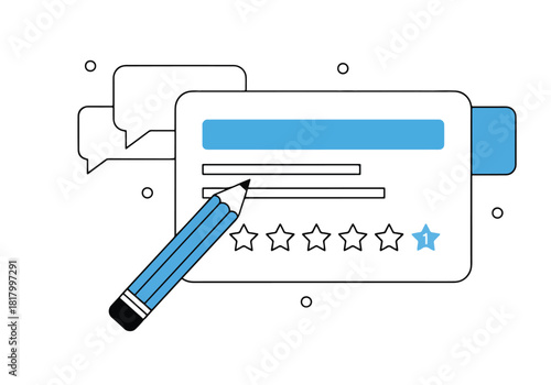 Customer feedback survey with pencil and star ratings - Flat Vector Illustration, icon. Editable stroke. Colored vector illustration