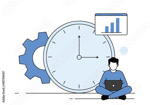 Business person manages time clock gear analytics chart growth - Flat Vector Illustration, icon. Editable stroke. Colored vector illustration