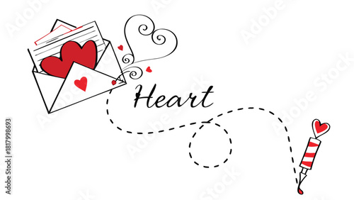 Hand drawn illustration of a letter with two red hearts inside a dashed line path leading to a syringe filled with love