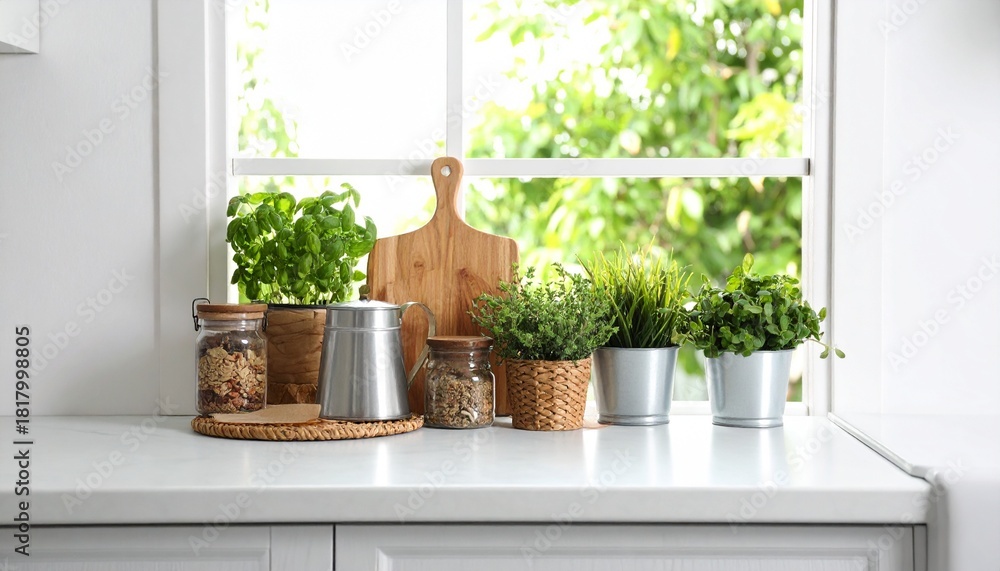 Fototapeta premium A bright kitchen counter with fresh herbs, potted plants, a coffee pot, and storage jars by a sunny window.