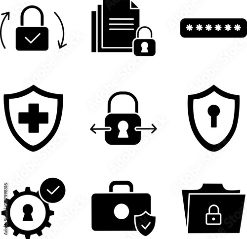 Security and Privacy Glyph Icons – Lock, Shield, Password Protection Vector Set