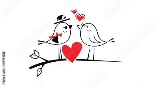 Charming cartoon illustration of two cute birds in love sharing a branch with a red heart and hearts floating above them