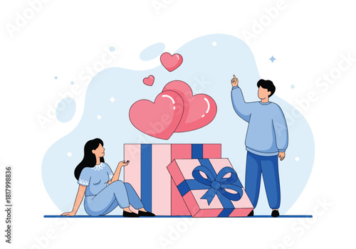 Couple with gift box hearts romance celebration anniversary love present - Flat Vector Illustration, icon. Editable stroke. Colored vector illustration