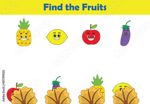 Find Hiding fruits. Child Exercise Sheet with fruits. Printable worksheet. Cartoon vector illustration