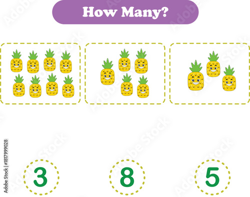 Counting game of fruits for preschool kids. Counting fruits. Printable. Vector Illustration