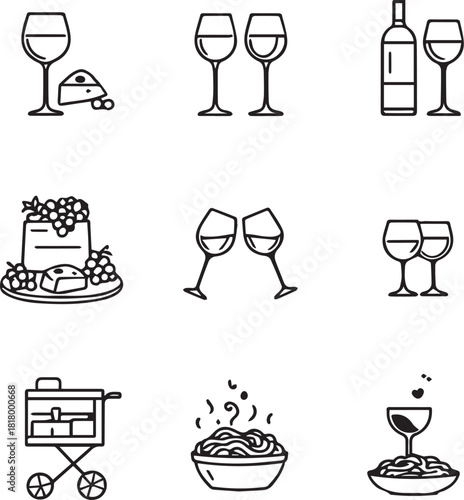 Minimalist Wine and Cheese Icons Set Vector: Glasses, Grapes, and Italian Food Symbols
