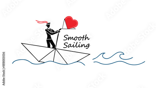 Sailor in a paper boat with a heart sail navigates on waves with the text smooth sailing