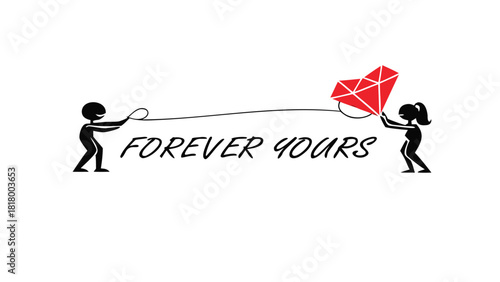 Couple flying a red heart shaped kite with the words forever yours symbolizing eternal love and commitment