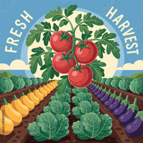 Ripe red tomatoes on vine above rows of fresh vegetables farm garden