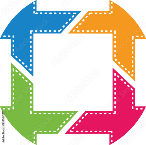 Arrows, cycle, process, colorful, clockwise, square, motion, iteration, infographic, vibrant, dashed, outline, stitched, flow, loop, steps, dynamic, concept, design, symmetry