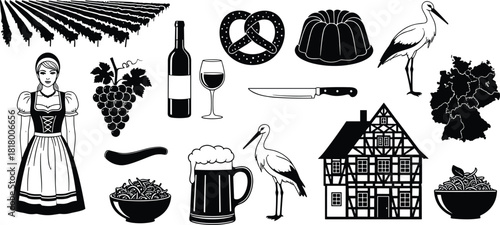 Germany, culture, icons, silhouette, food, wine, beer, pretzel, map, house, stork, sausage, noodles, grapevine, heritage, illustration, design, concept, traditional, cuisine