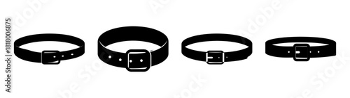 Collection of four black leather belts with metal buckles various styles and designs