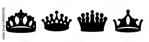 Collection of four distinct black silhouette crowns and tiaras symbolizing royalty and nobility