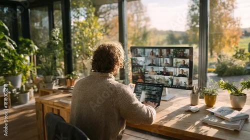 Digital Nomad's Outlook: A professional engages in a virtual meeting within a bright, open space. The scene captures the modern blend of work and lifestyle
