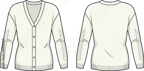 cad,drawing,flat,vector,illustration,cardigan,sweater,women,apparel,fashion,technical,front,back,view,button,long,sleeve,chevron,ribbed,design