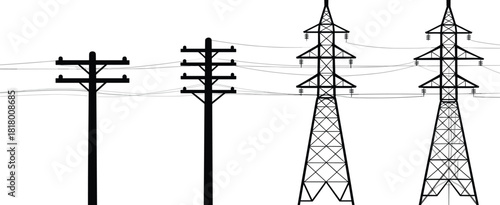 Utility pole transmission tower set, wooden crossarm metal lattice structure, electric power line infrastructure vector illustration, energy design