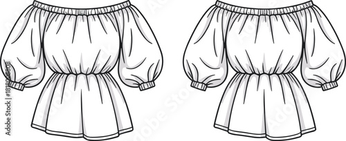 Off-the-shoulder blouse technical flat sketch, puffed sleeve, cinched waist, front view, cad drawing flat vector illustration