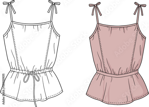 Spaghetti strap peplum top, sleeveless blouse, gathered waist, fashion flat sketch, technical apparel drawing, cad vector illustration