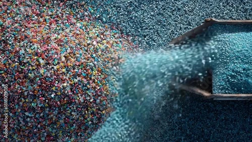 Plastic Pellet Transformation: An industrial close-up reveals a mesmerizing cascade of plastic pellets, transitioning from a vibrant mosaic of colors into a unified hue.