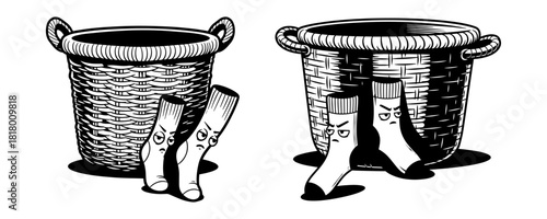 Set of Funny Angry Socks and Laundry Basket Illustrations