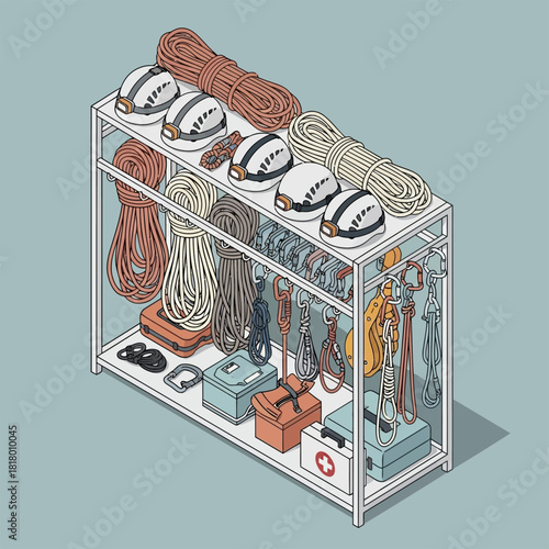 Isometric illustration of a storage rack with organized rock climbing equipment.
