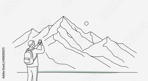 Capture the Peak Young Hiker Taking Scenic Mountain Mobile Photo Adventure Seeker Discovering Nature's Beauty Smartphone Photography Minimalist Design