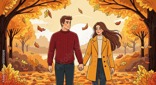 Romantic autumn walk: Young couple holding hands amidst falling leaves in a vibrant park, perfect for seasonal promotions and heartwarming lifestyle content