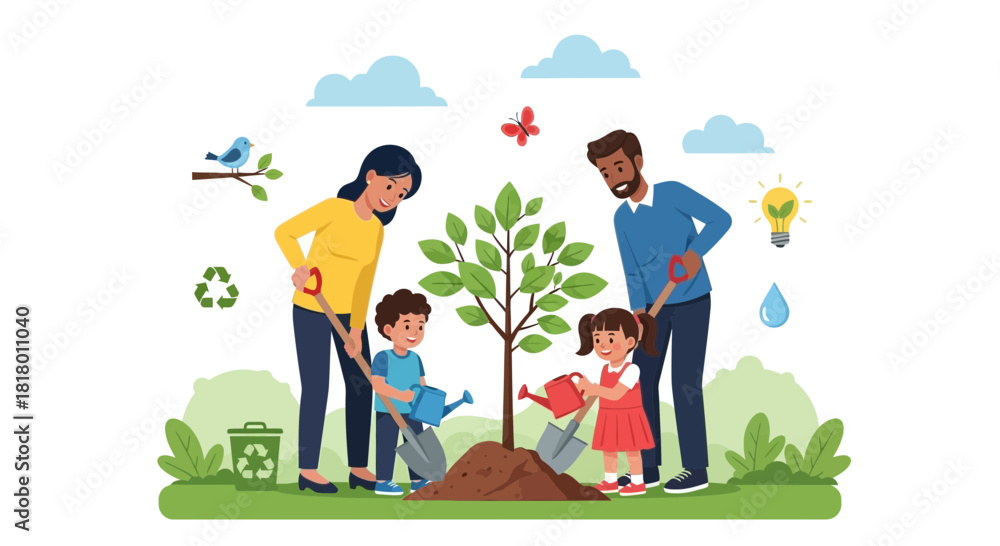Fototapeta premium Happy family plants a tree together, fostering environmental awareness and creating lasting memories in nature, symbolizing growth and sustainability