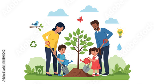 Happy family plants a tree together, fostering environmental awareness and creating lasting memories in nature, symbolizing growth and sustainability