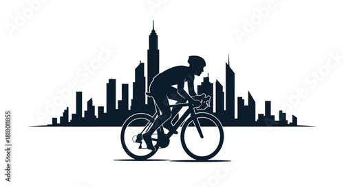 Dynamic silhouette of cyclist riding through city skyline, embodying urban fitness and healthy lifestyle, symbolizing speed, endurance, and modern athleticism