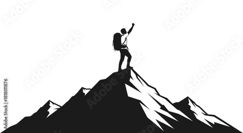 Triumphant hiker celebrates reaching mountain peak, embodying adventure and success, inspiring journeys to conquer challenges and achieve goals