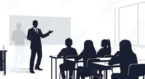 Dynamic classroom scene of teacher presenting to students, perfect for educational materials or corporate training concepts with a modern professional feel